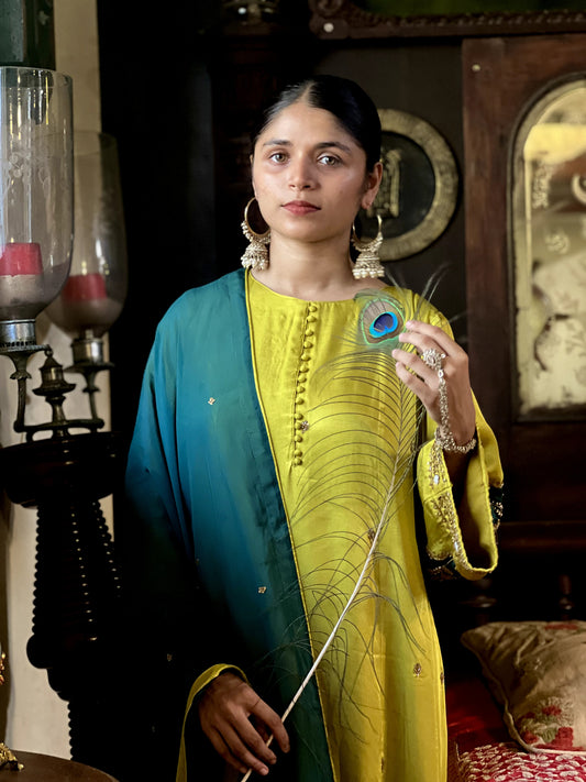 Mahve - Hairath Modal Chanderi 3 Panel Kurti Set with Organza Dupatta Festive Wear