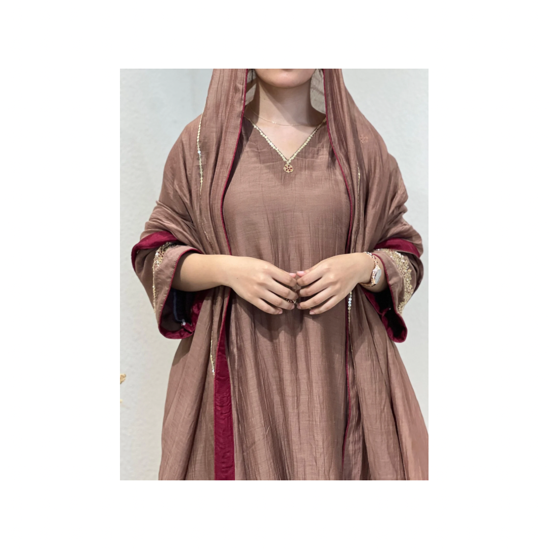 Full Sleeve Brown Hosh-Ruba 3-Panel Salwar Set – Women’s Luxury Malai Chanderi
