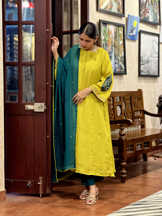 Mahve - Hairath Modal Chanderi 3 Panel Kurti Set with Organza Dupatta Festive Wear