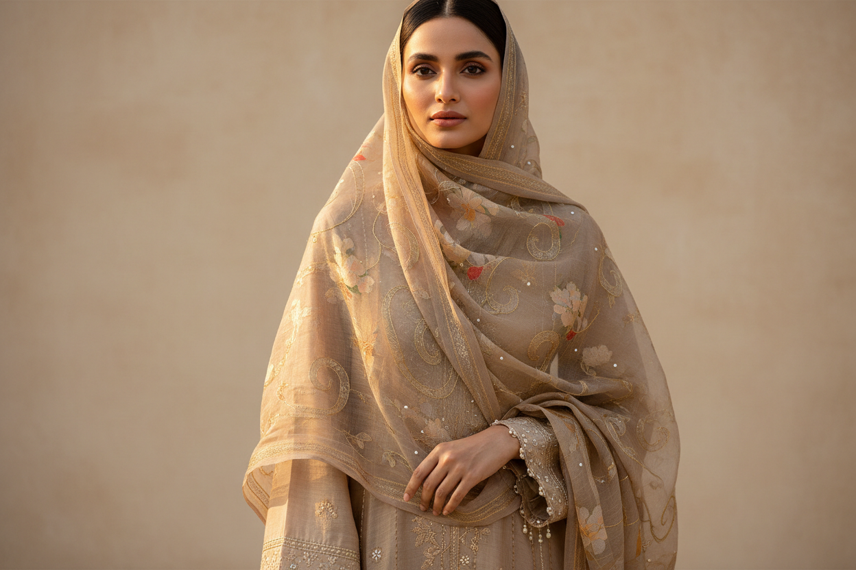 Close-up fashion photo of a modest hijabi model in beige/light brown Pakistani ethnic wear, editorial portrait style against a neutral beige background. Soft diffused light, high detail on dupatta fabric and embroidery, warm tones, professional photography, aesthetic lookbook quality, subtle calm expression, clean minimal backdrop. no need for writings i only need image